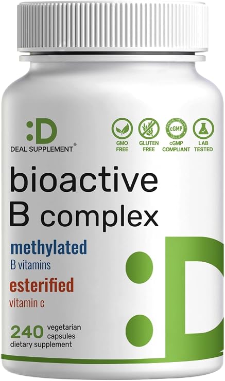Bioactive Vitamin B Complex for Men & Women, 240 Veggie Capsules - Methylated B Complex & Esterified Vitamin C High Potency & Easy Absorption Immune, Energy & Metabolism Supplement Non-GMO