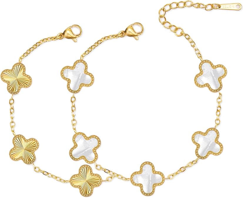 MEFELAY Unique 18K Gold Four Leaf Clover Bracelet for Women White Gold Lucky Link Clover Bracelets, Trendy Bracelets Set Jewelry Gifts for Women