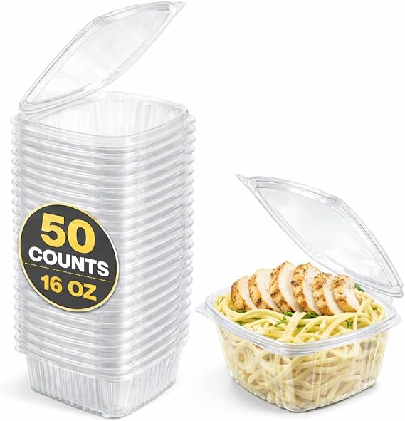 Hinged Lid Clamshell Container, 16 Ounces, Clear Plastic, Rectangular, Leak Resistant, 50 Count