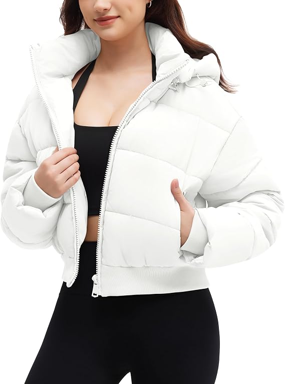 WHN Women's Cropped Puffer Jacket Warm Quilted Short Coat with Detachable Hood Zippered Pockets