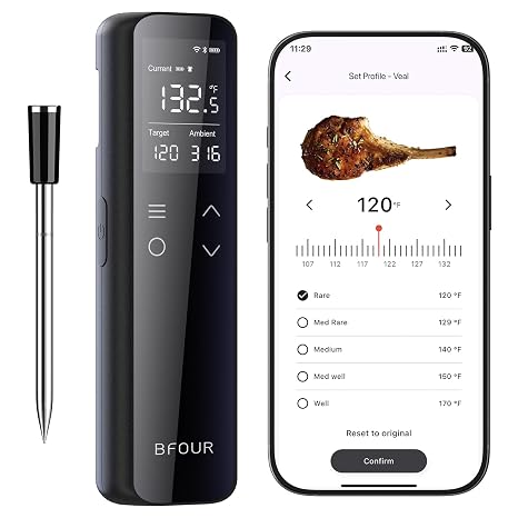 Wireless Meat Thermometer Bluetooth with Digital Standalone Base, WiFi Unlimited Range, 6 Precision Sensor, IP67 Waterproof and Heat Resistant, Kitchen Essentials for Oven BBQ Grilling and Smoking