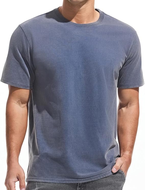 VEIISAR Men's Heavy Weight Crew Neck 100% Cotton T-Shirt - 250g/m2 Thick Distressed Washed T-Shirts for Men