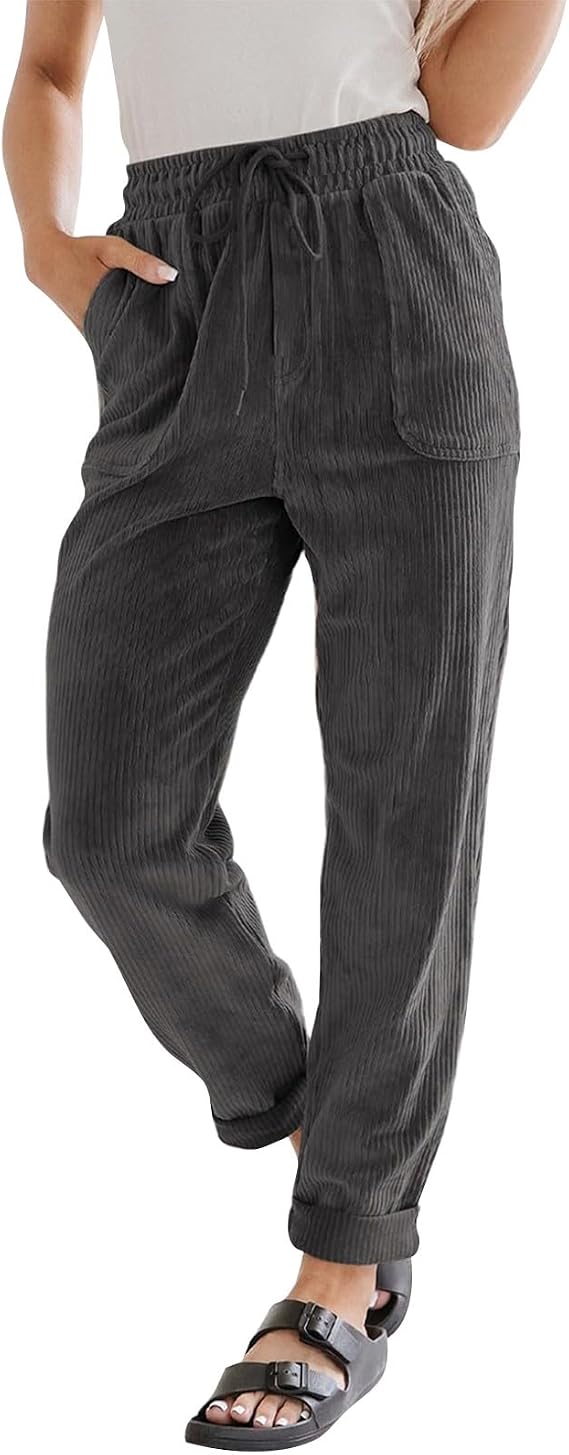 Corduroy Pants for Women High Waisted Pull On Straight Leg Dress Pants Comfy Business Casual Work Pants with Pockets