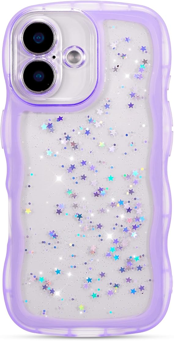 ZTOFERA for iPhone 17 Case 6.3",Cute Curly Wave Case with Star Glitter,Clear Shiny Bling Soft TPU Shockproof Phone Protecive Cover for Women Girls-Purple