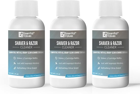 Essential Values Electric Shaver Cleaning Solution - Compatible with Braun Clean & Renew Refill Cartridges - 3 Bottles Makes 9 Refills - Manufactured in USA