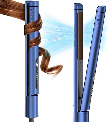 KUSNCA Professional Titanium Flat Iron, Hair Straightener and Curler Iron 2 in 1, Negative Ion Straightening, Dual Voltage Travel Pack, Front Anti-Scald Function, LCD 230F-450F, 1 Inch Blue