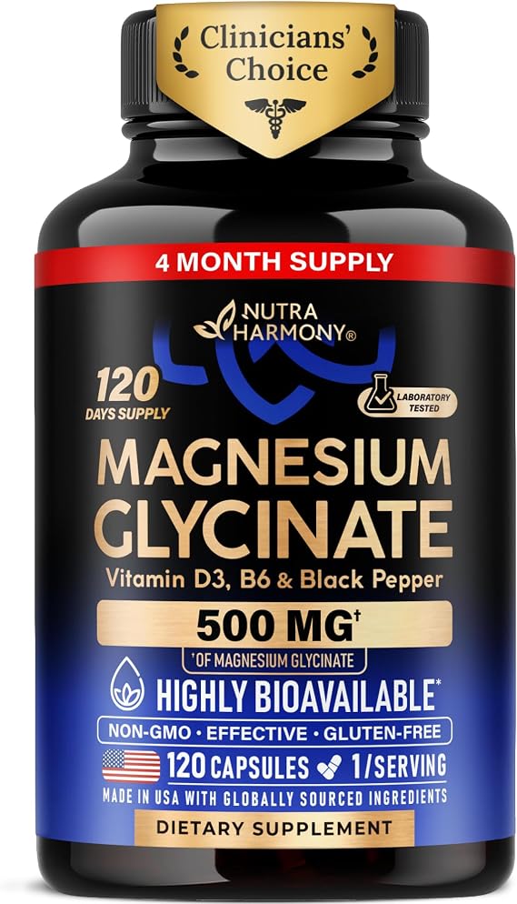 Magnesium Glycinate 500mg - VIT. B6 & D3 - Sleep, Muscle & Heart - 120 Caps | Magnesium Bisglycinate - Chelated High Absorption with Black Pepper - Magnesium for Women & Men - Lab Tested & Non-GMO