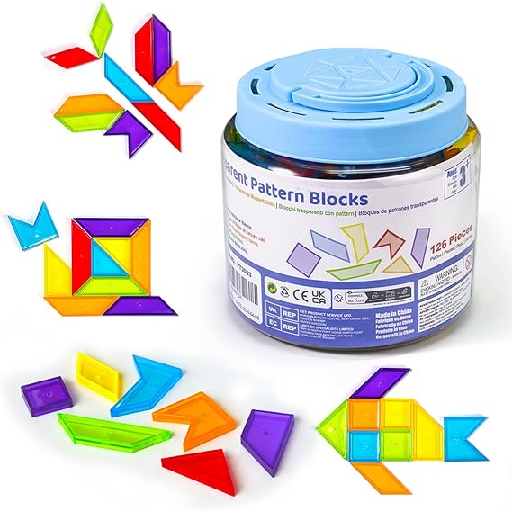 Pairez Toys Transparent Pattern Blocks, Math Manipulatives for Light Tables | 126 plastic geometric shapes for tangram puzzles, sorting, counting and patterning activities for preschool and homeschool