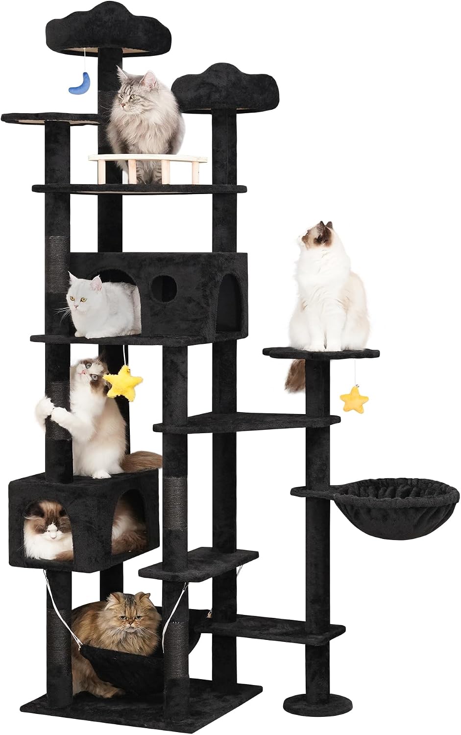 Meecal 85inch Tall Cat Tree for Indoor Cats Large Adult, Multi-Level Cloud Cat Tower with Scratching Post, Heavy Duty Cat Cat Condo with Hammocks & Plush Perches for Maine Coon, Black