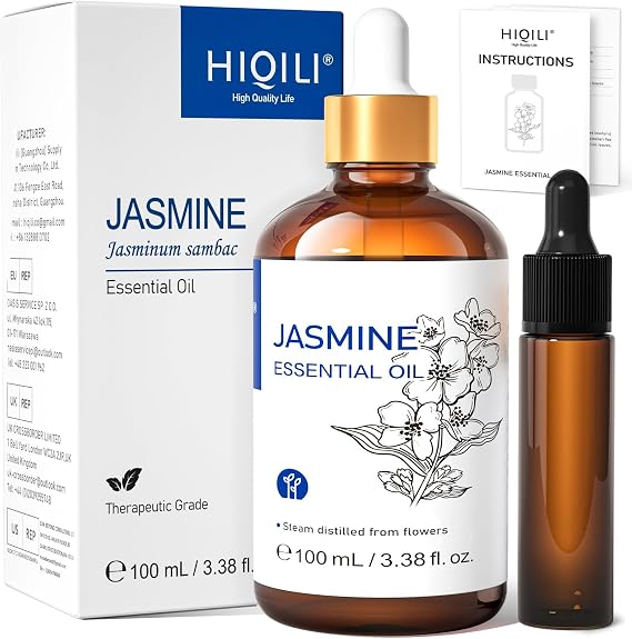HIQILI Jasmine Essential Oil for Diffuser, Skin, Perfume & Aromatherapy | Soft Floral Scent For Massage, Nourish Hair & Complexion, Ideal For Diffuser & DIY Fragrance - 100mL / 3.38 Fl Oz