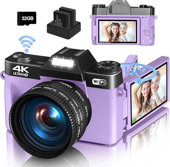 Digital Camera for Photography, 4K 48MP Vlogging Camera for YouTube with WiFi, 3-inch 180-degree Flip Screen, 16X Digital Zoom, 52mm Wide Angle & Macro Lens, 32GB TF Card and 2 Batteries(Purple)
