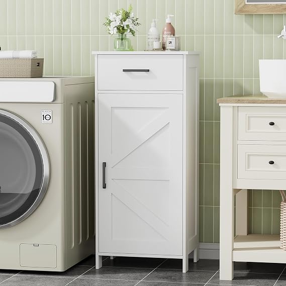 Homhedy Bathroom Storage Cabinet with Drawer & Adjustable Shelf | Freestanding Storage Cabinet for Bathroom, Entryway, Living Room & Kitchen, White, 15.7"W