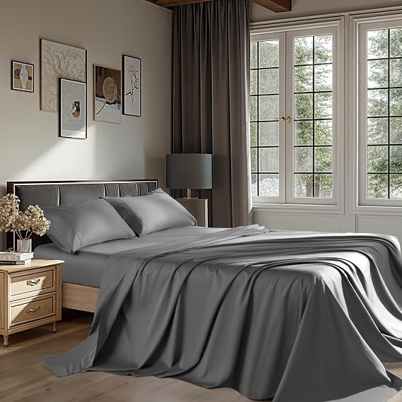 100% Egyptian Cotton Sheets 1200 Thread Count Queen Size 4 Pcs Bedding Sets Fitted Sheet Up to 16" Deep Soft Breathable (Queen, Dark Gray)