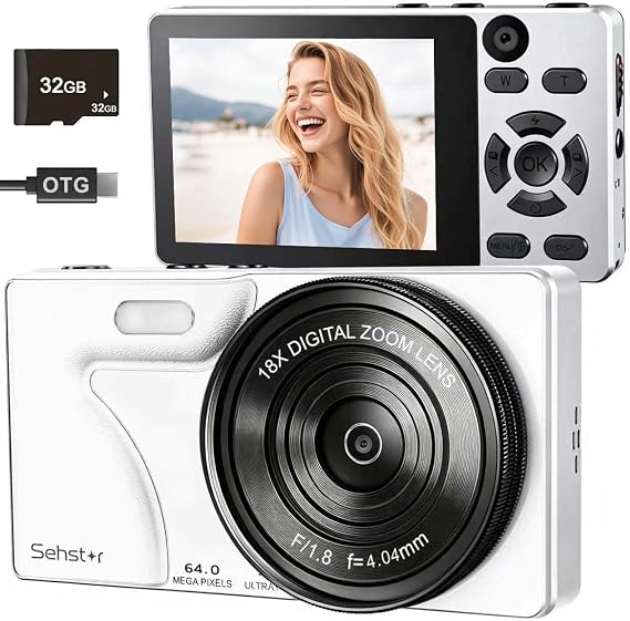 Digital Camera 4K 64MP Compact Digital Camera with 32GB SD Card (White)