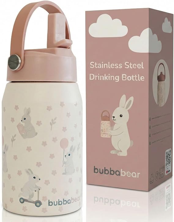 Bubba Bear Kids Stainless Steel Water Bottle | 350ml Kid Drink Toddler Metal Bottles with Leakproof Straw | Childrens & Toddlers Insulated Drinking Cup | Kid Thermal Keep Cold Drinks Flask for School