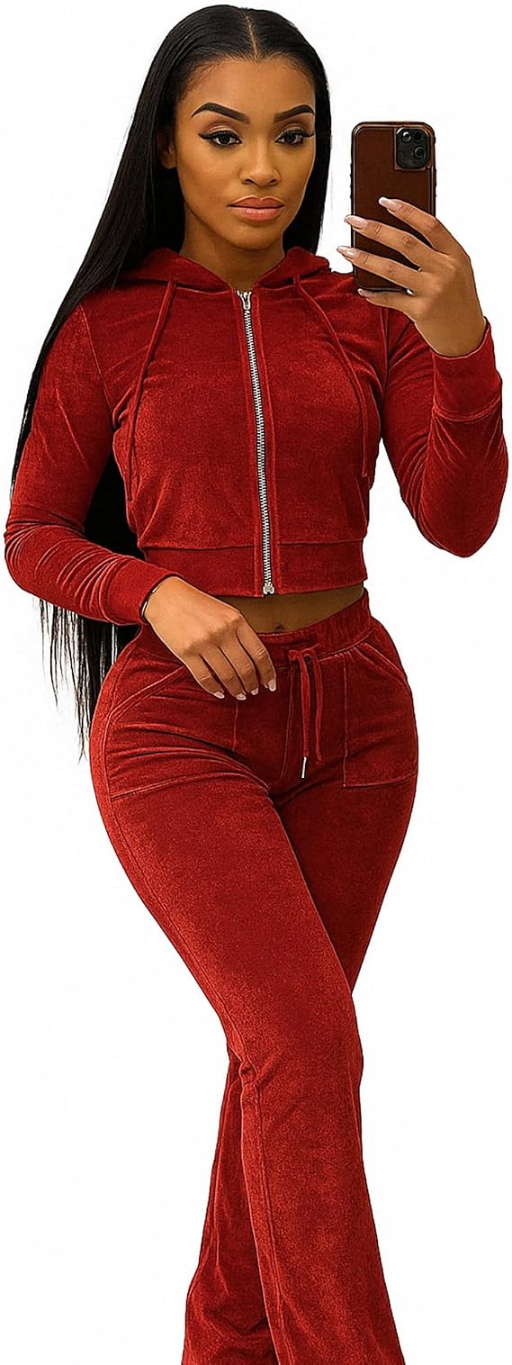 Womens Velour Tracksuit Two Piece Long Sleeve Zip Crop Top Flared Pants Set