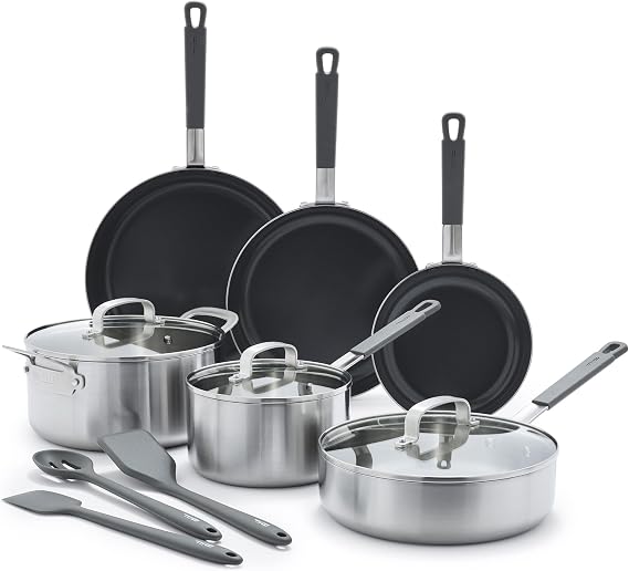 GreenPan x Bobby Flay Stainless Steel 12 Piece Cookware Pots & Pans Set, Professional Grade Tri-Ply, Multiclad, PFAS-Free Ceramic Nonstick, Induction Suitable, Dishwasher & Oven Safe,Stay Cool Handles