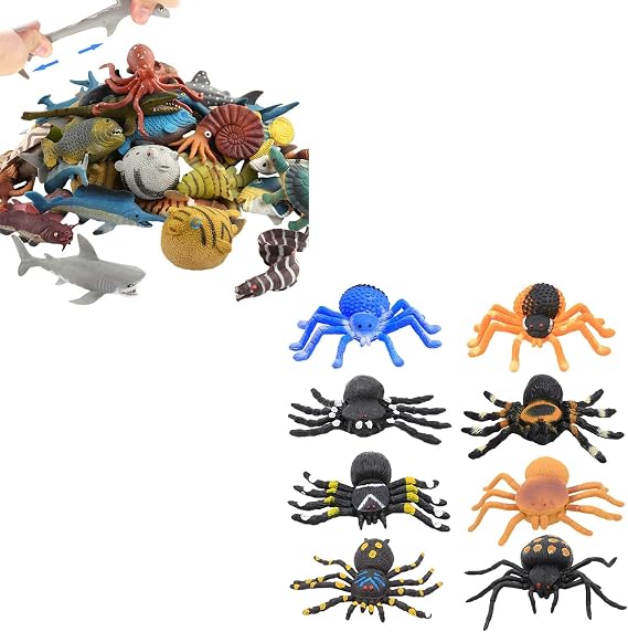 ValeforToy 18 Pcs Mini Ocean Animal and 8 Pcs 5-inch Spider Rubber Figure Set