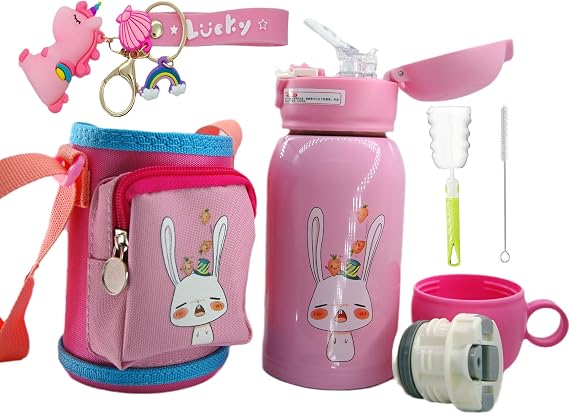Cartoon Bunny Unicorn Stainless Steel Vacuum Flask Cup Mug Portable Cute Straw Water Bottle with Bag (pink bunny 3, 600ml)