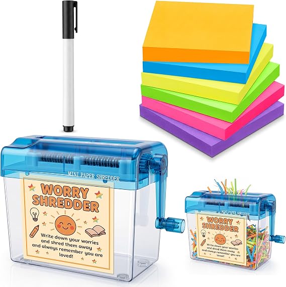 AmazingSpark Mini Worry Shredder Set for School Counselors Portable Manual Paper Shredder for Relief, Teacher Classroom Must Haves, Back to School and Office Supplies, Inspirational Gifts(Blue)