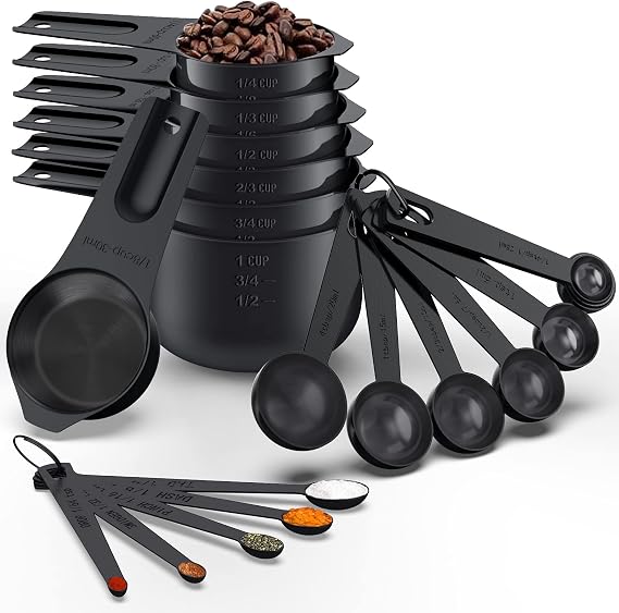 21 Pcs Stainless Steel Measuring Cups and Spoons Set, Wildone Stackable Metal Measuring Cups and Spoons for Cooking & Baking, Includes 7 Cups, 9 Spoons and 5 Mini Spoons(Black)