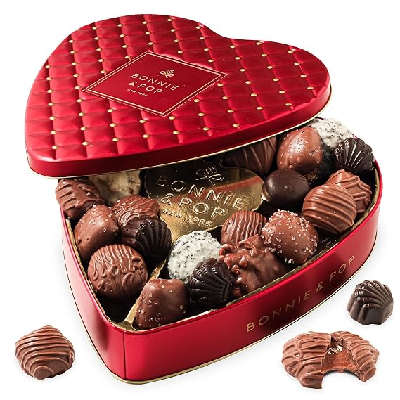 Chocolate Gift Basket | Heart Shaped Gift Present for Her, Mother, Mom, Wife, Spouse with Assorted Milk Chocolate Truffles | Bonnie and Pop
