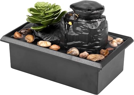 Tabletop Fountain with Light Battery/USB Operated Mini Indoor Water Feature Zen Meditation Decor Sound Relaxation Fountain Ornament for Home Office Desktop Decor (Succulents)