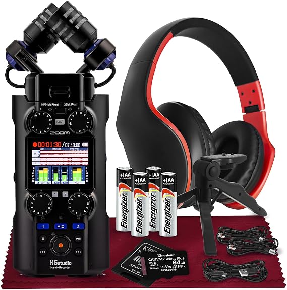 Zoom H5Studio Handy Recorder, 32-Bit Float Audio, Large XY Mics (19.4mm), 6-Track Recording, Gain Knobs, F-Series Preamps w/Tripod, XLR Cable, Headphone, MicroSD for Filmmakers Musicians Creators