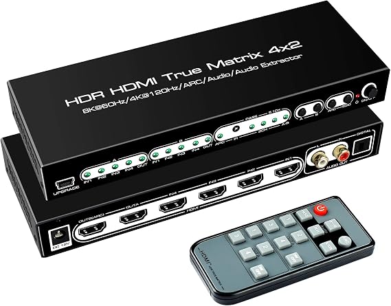Stable versionavedio links 8K HDMI Matrix 4 input 2 output HDMI 2.1 4K@120Hz Switcher Audio Separator Optical Digital L/R Audio Separation with ARC HDR10 HDCP2.3 Dolby Vision Atmos Remote Control
