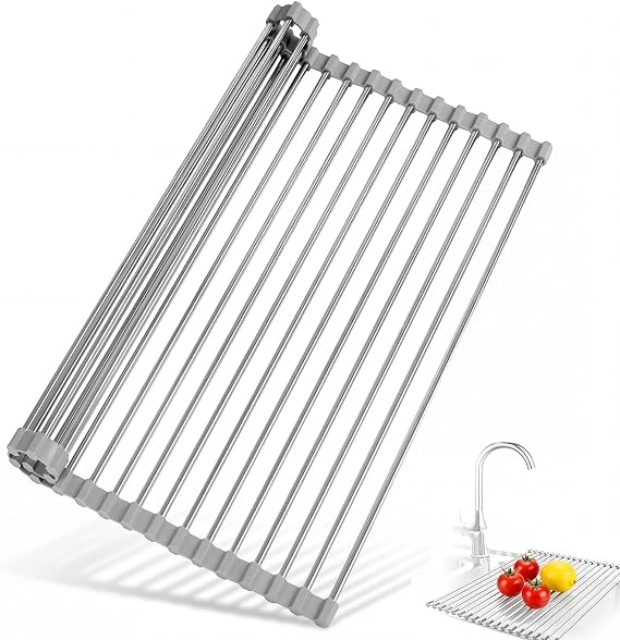 Dish Drainer Rack, Foldable and Removable Stainless Steel Dish Drying Over the Sink, Drying Mat, Sink Drainer Rack for Cups, Fruit, Vegetables, Super Kitchen Organiser (Grey 43x35cm)