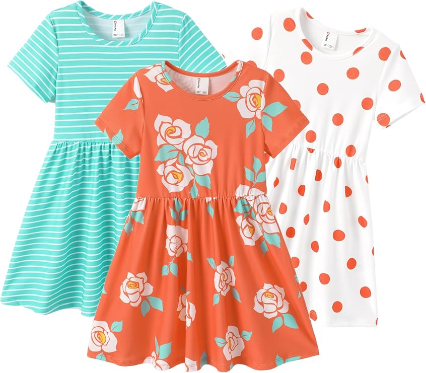 PATPAT Toddler Girls Floral Skater Dress 3-Pack A-Line Short Sleeve Outfits