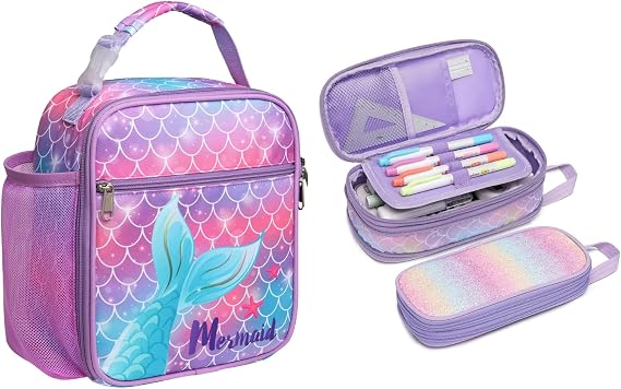 Bagseri Kids Pencil Case and Kids Lunch Bag Bundle, Mermaid Series