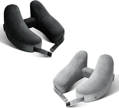 Neck Pillow for Travel Inflatable Airplane Pillow Comfortably Supports Head, Neck and Chin, Inflatable Travel Pillow with Soft Velour Cover and Portable Drawstring Bag BlackGrey