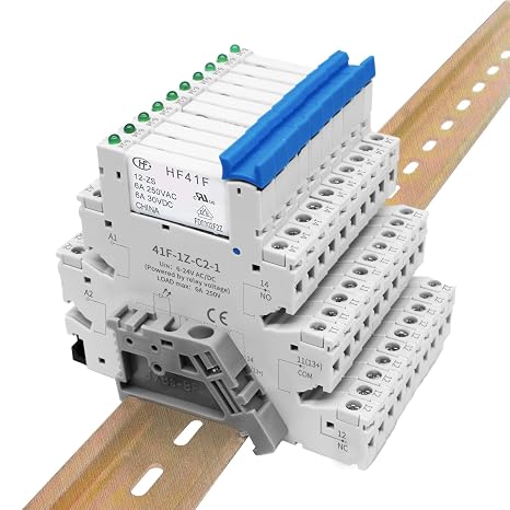 (10Pcs) 12V Relay Din Rail;Silm;DC 12V;HF41F/12-ZS 5 Pin 1NO 1NC 6A SPDT with LED Indicator with Socket Base;Load Max 6A 250VAC;