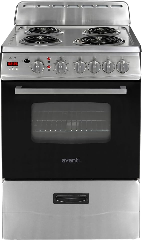 Avanti Compact Series Electric Range Oven with Framed Glass Door, 4 Coil Burners for Flexible Cooking, Pull-Out Storage Drawer, 2.6 Cu.Ft., in Stainless Steel