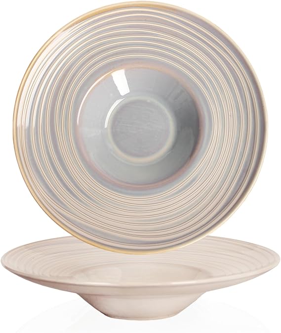 7 oz Soup Bowls soup Plate Pasta Bowl Set of 2 Shallow Bowl Plates,Porcelain Rimmed Bowls with Rim, Microwave ovens and refrigerators safe 10 Inch