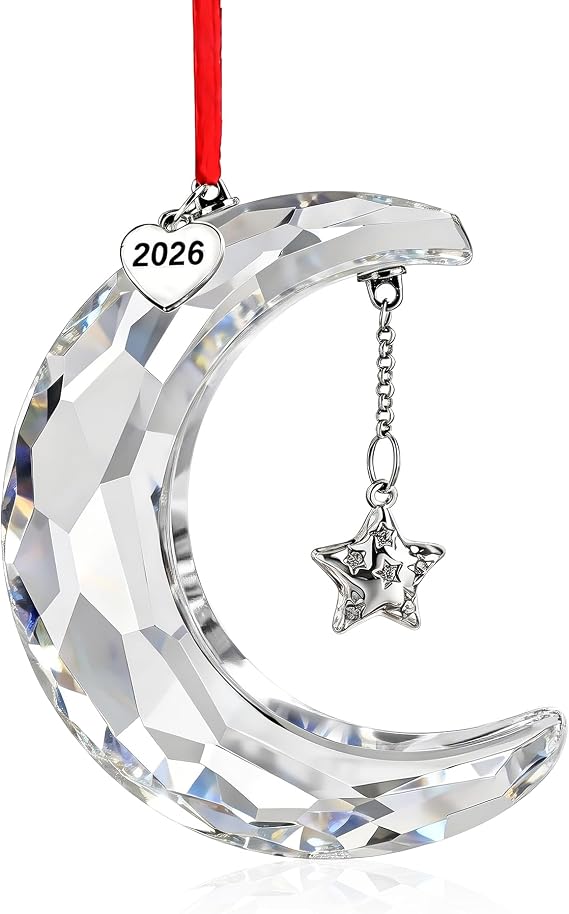 H&D HYALINE & DORA 2026 Christmas Moon Ornament Crystal Christmas Moon Hanging Ornament Clear Crystal Suncatcher Ornament for Xmas Winter