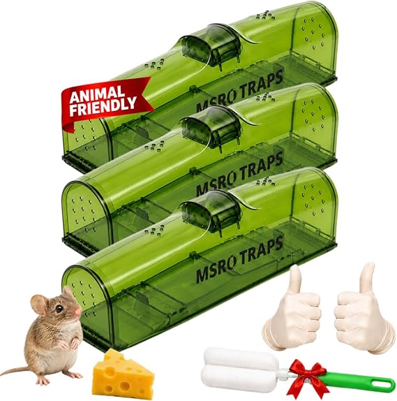Humane Mouse Traps– 3X Live Catch & Release, Extra-Long, Tail-Safe Dual Doors, No-Kill, Safe for Kids & Pets, Includes Cleaning Brush & Pair of Gloves, Reusable Indoor & Outdoor Mouse Traps By MSR