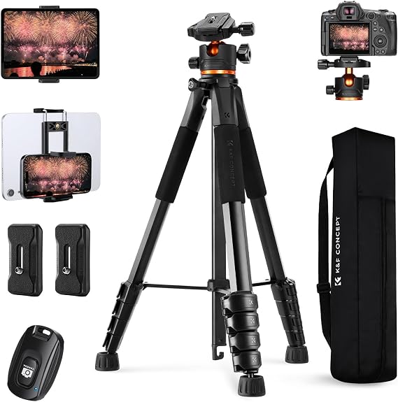 Camera Tripod K&F Concept 190cm 75-inch Camera Tripod, Smartphone Tripod, Lightweight Tripod, Compact Travel Tripod, 360° Rotation, Load Capacity 4kg, Portable 5-face Profile Tube, Remote Shooting