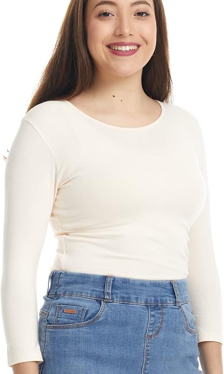 ESTEEZ Womens 3/4 Sleeve Wide Neck Layering T-Shirt Modest Cotton Stretch Fitted Base Layer Top