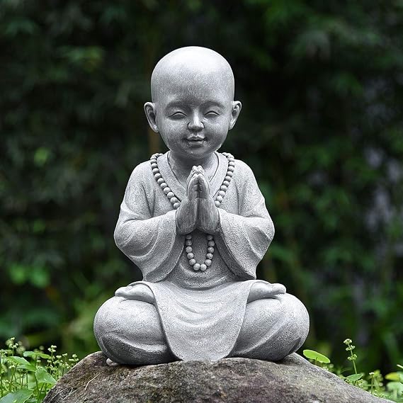 Goodeco Meditating Baby Buddha Statue Figurine - Zen Garden Monk Sculpture,Indoor/Outdoor Decor for Home,Garden Patio Deck Yard Art Decoration- with Natural Wood Beaded Necklace 11.2" (Gray)