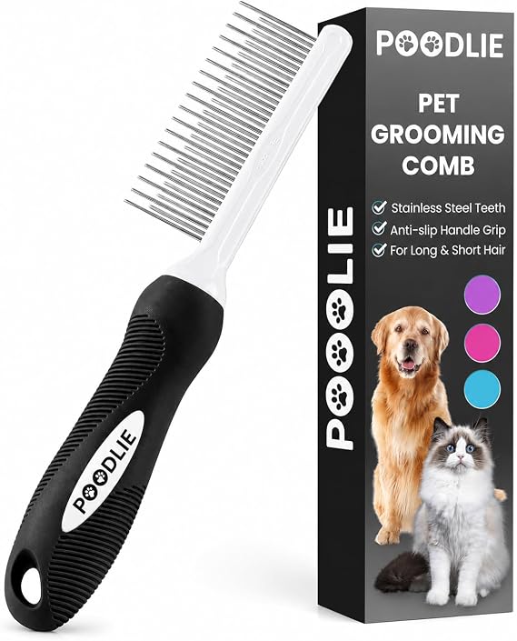 POODLIE Poodle Pet Dog Combs for Grooming Matting - Metal Comb for Dogs with Long & Short Stainless Steel Teeth - Dematting Comb for Cats to Remove Matted Hair & Knots, Black