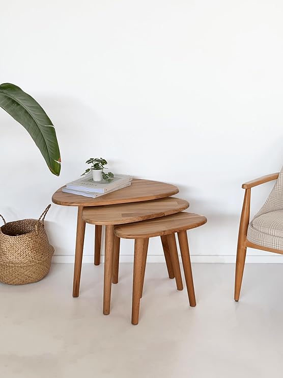 Natural Solid Wood Drop Coffee Table Set - 3-Piece Zigon Set Modern and Minimalist Coffee Table Set (BOOT)