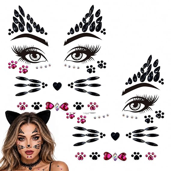 Crystal Cat Face Gems Stickers, 2-Sheet Cat Print Gem Jewels, Black Cat Costume Women Accessories for Halloween Makeup