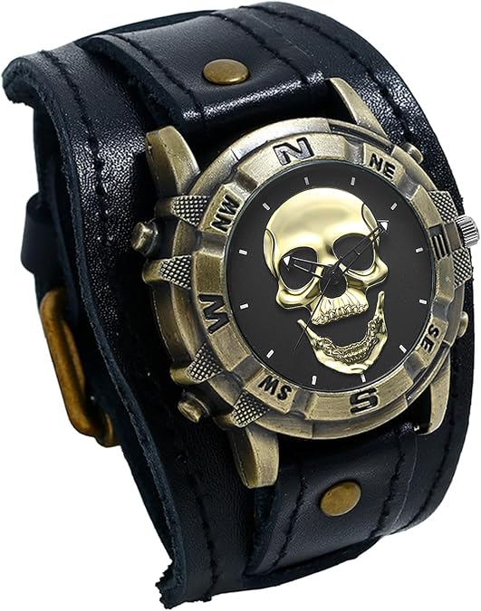 Avaner Vintage Punk Leather Watches: Retro Bronze Skull Wide Band Quartz Cuff Watches for Men