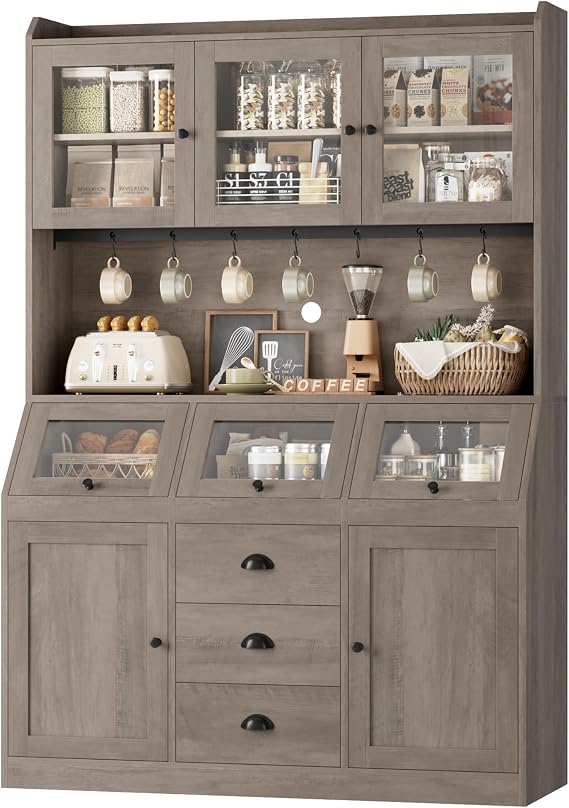 HIFIT 71.4 H Kitchen Hutch Pantry Cabinet with 3 Bread Boxes&7 Metal Hooks