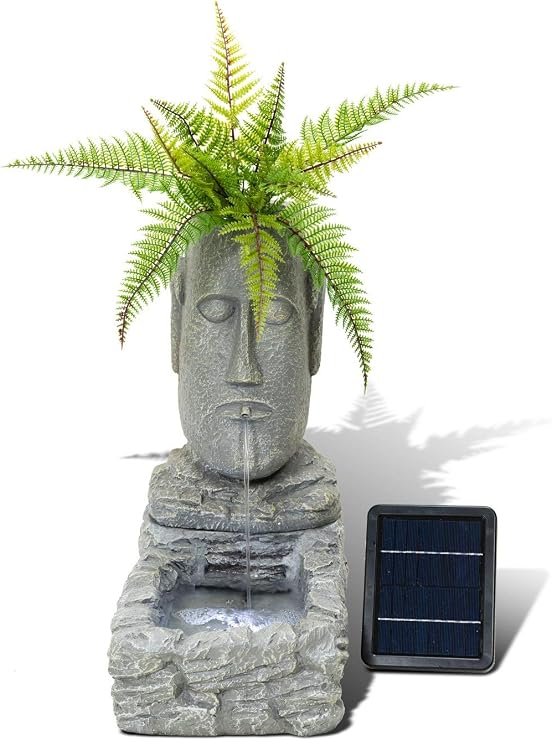 Primrose Easter Island Head Solar Water Feature Planter Lights in Grey H50cm