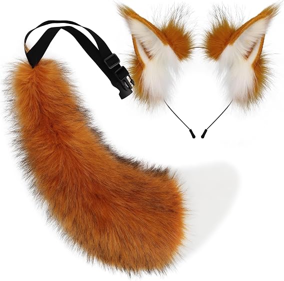 COSYEARS Faux Fur Furry Cat Ears Headband and Fox Wolf Tail Plush Cosplay Costume Accessories Set Halloween Parties