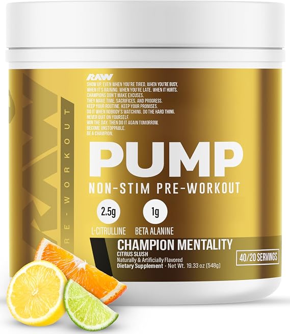 RAW Pump Stim Free Pre Workout, Champion Mentality, 40 Servings | Non-Stimulant Pre Workout Supplement Powder Nitric Oxide Booster - Pre Workout Supplements Drink for During Workout