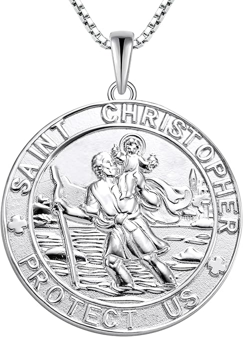 YL St Christopher Necklace Solid 925 Sterling Sliver Engraved Pendant Round Religious Talisman Jewelry for Women